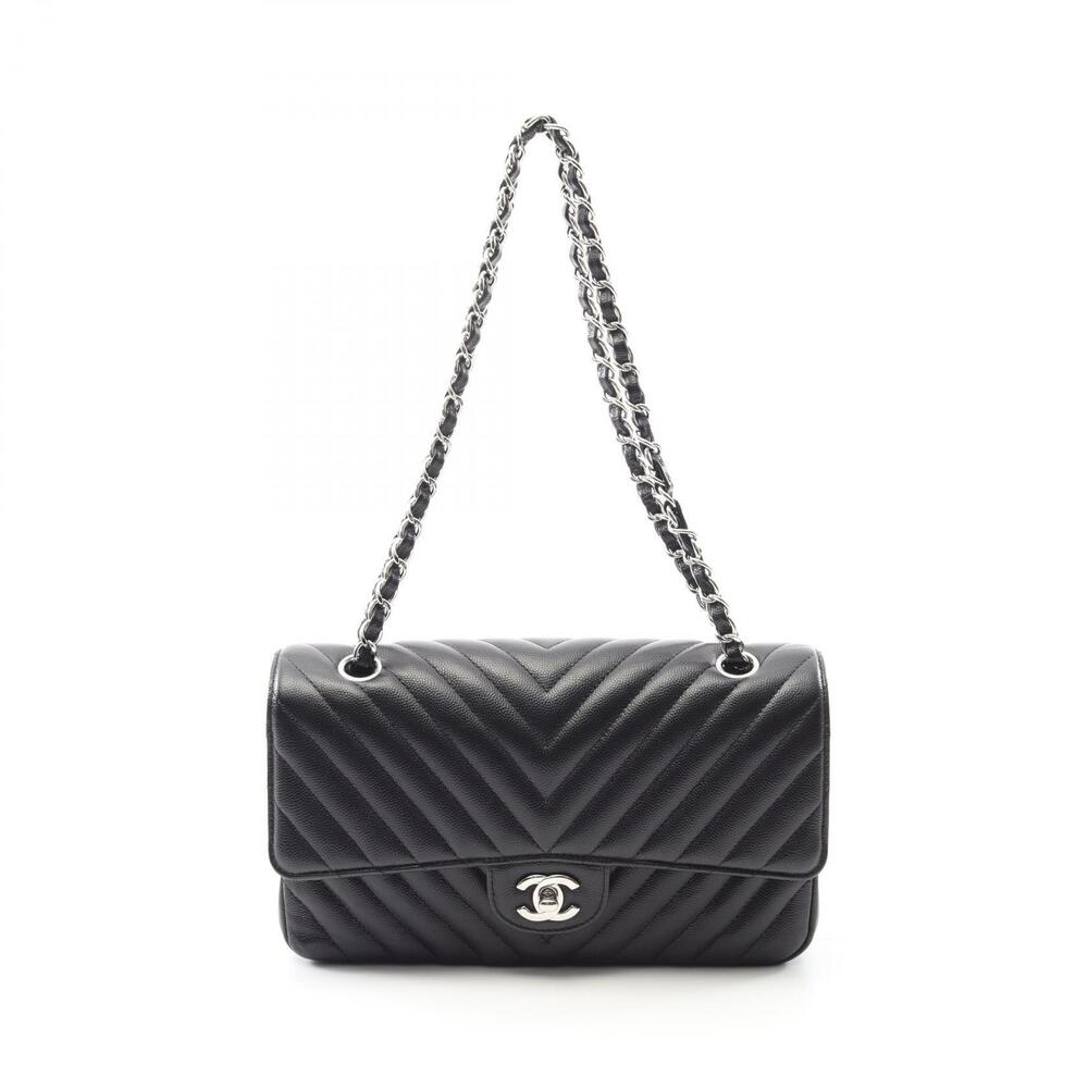 Chanel Chevron V stitch Shoulder Bag Leather Grained Calfskin Black